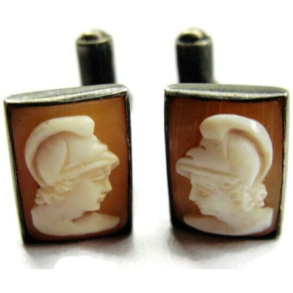 Roman Carved Stone/Shell Top Cufflinks Vintage Sterling Silver 925 Patina Shirt